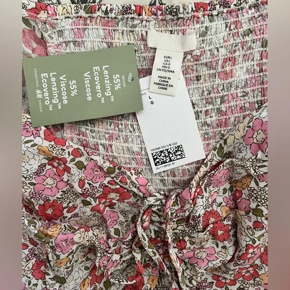 NWT H&M Floral Midi Pink Dress Sweetheart Neckline and Puff Sleeve Size L - Picture 7 of 8